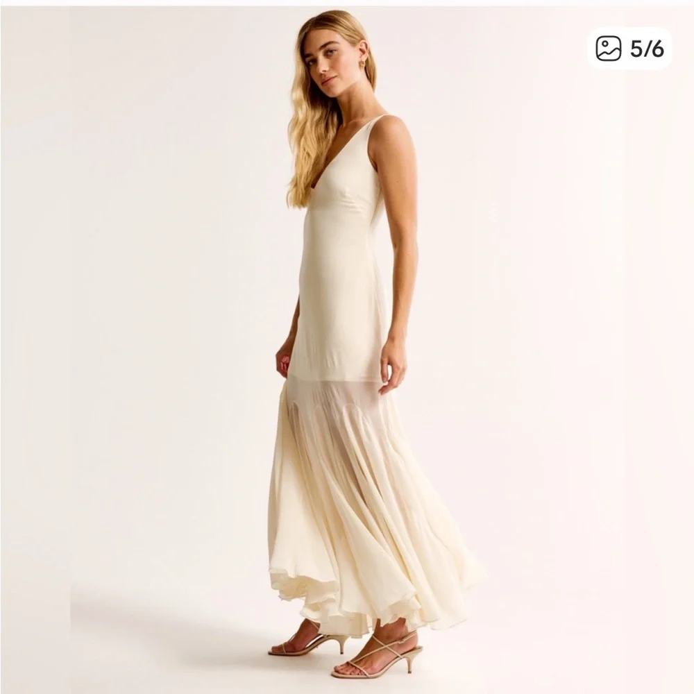 Abercrombie plunge godet skirt maxi dress in ivory cream